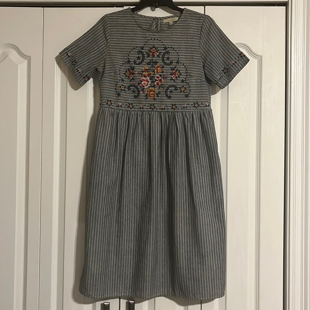 Polagram: Blue and White Striped Embroidered Dress